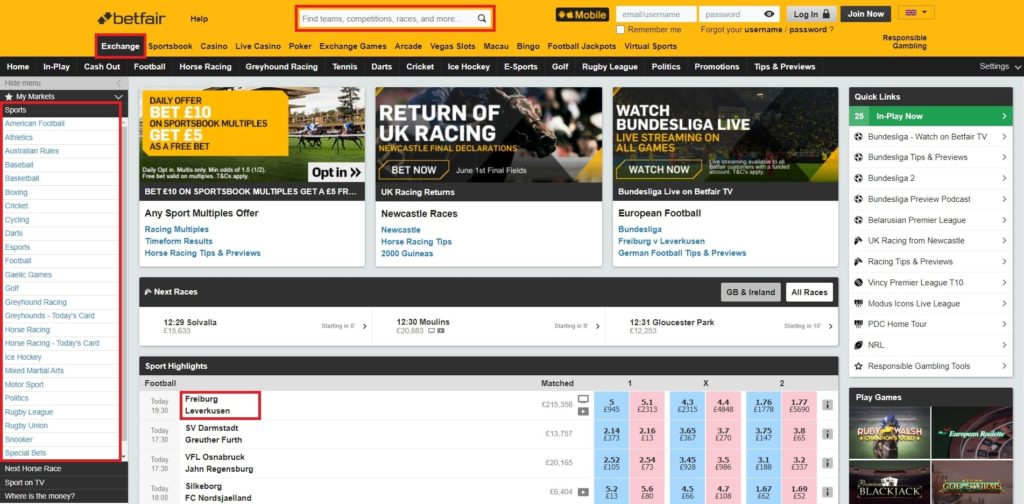 Betfair Exchange homepage.