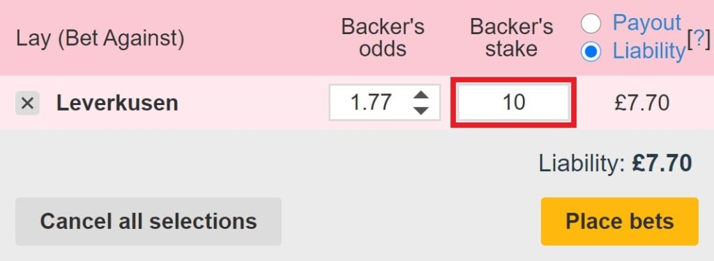 Betfair Exchange betslip for laying Leverkusen.