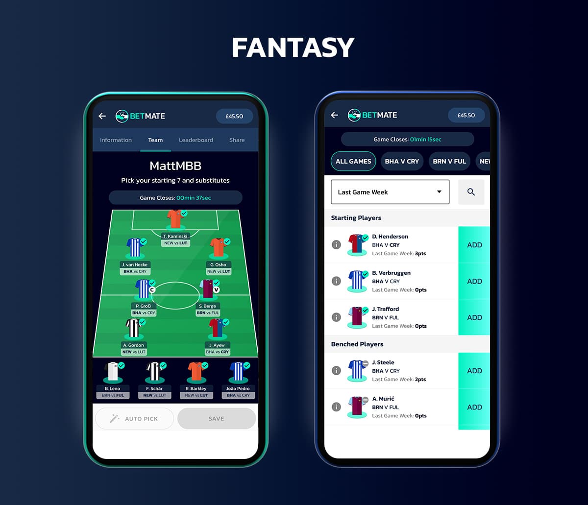 Two screenshots showing Betmates fantasy football game.