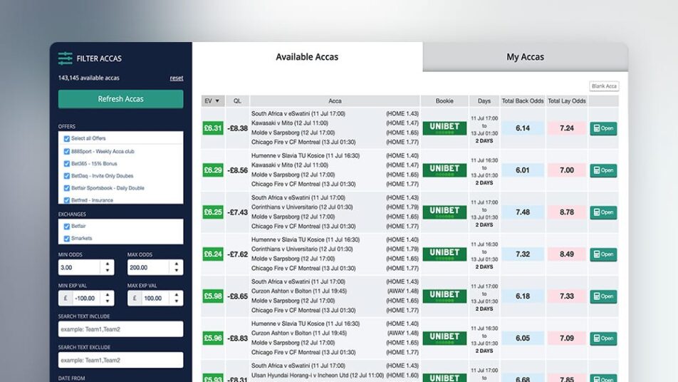 A screenshot of OddsMonkey's Acca Finder tool.