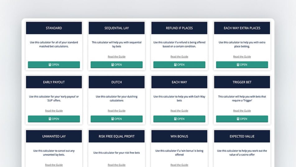 A screenshot of OddsMonkey's range of calculators.